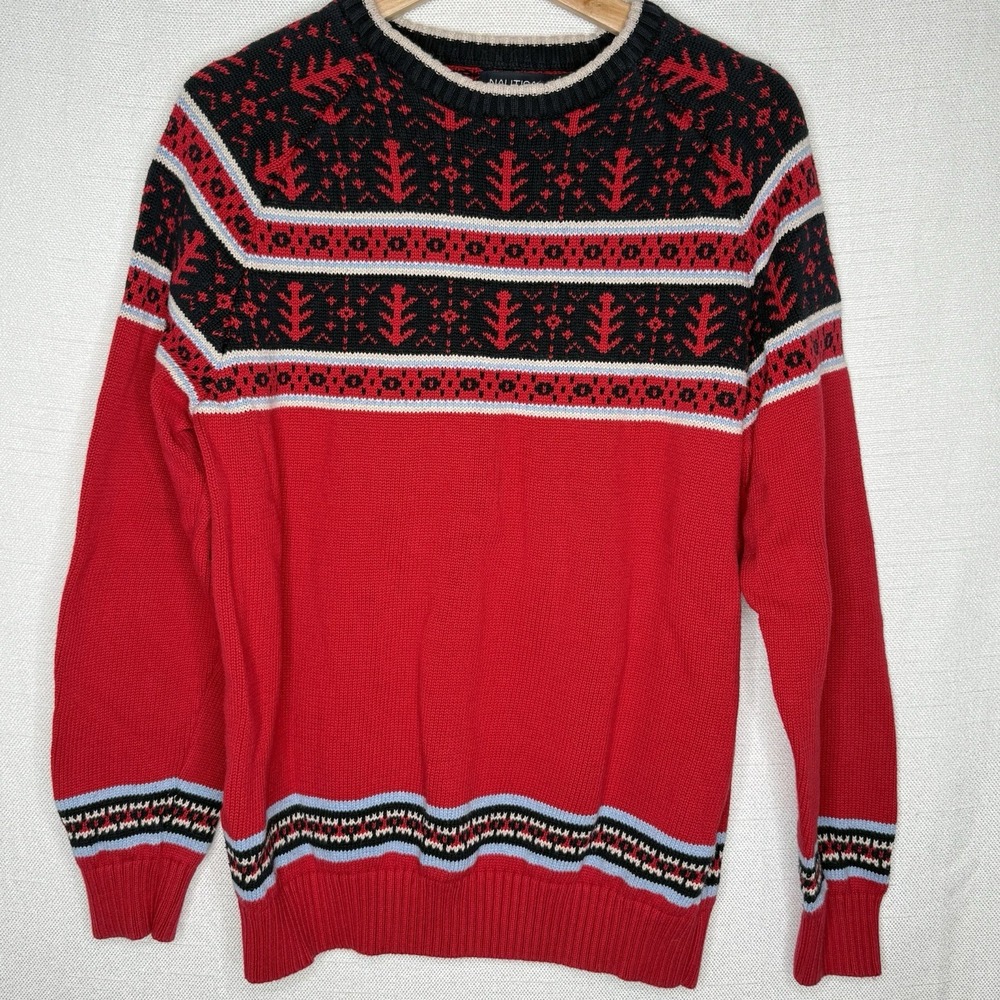 Nautica Men's Medium Red Nordic Fair Isle Knit Sweater Christmas Holiday Winter